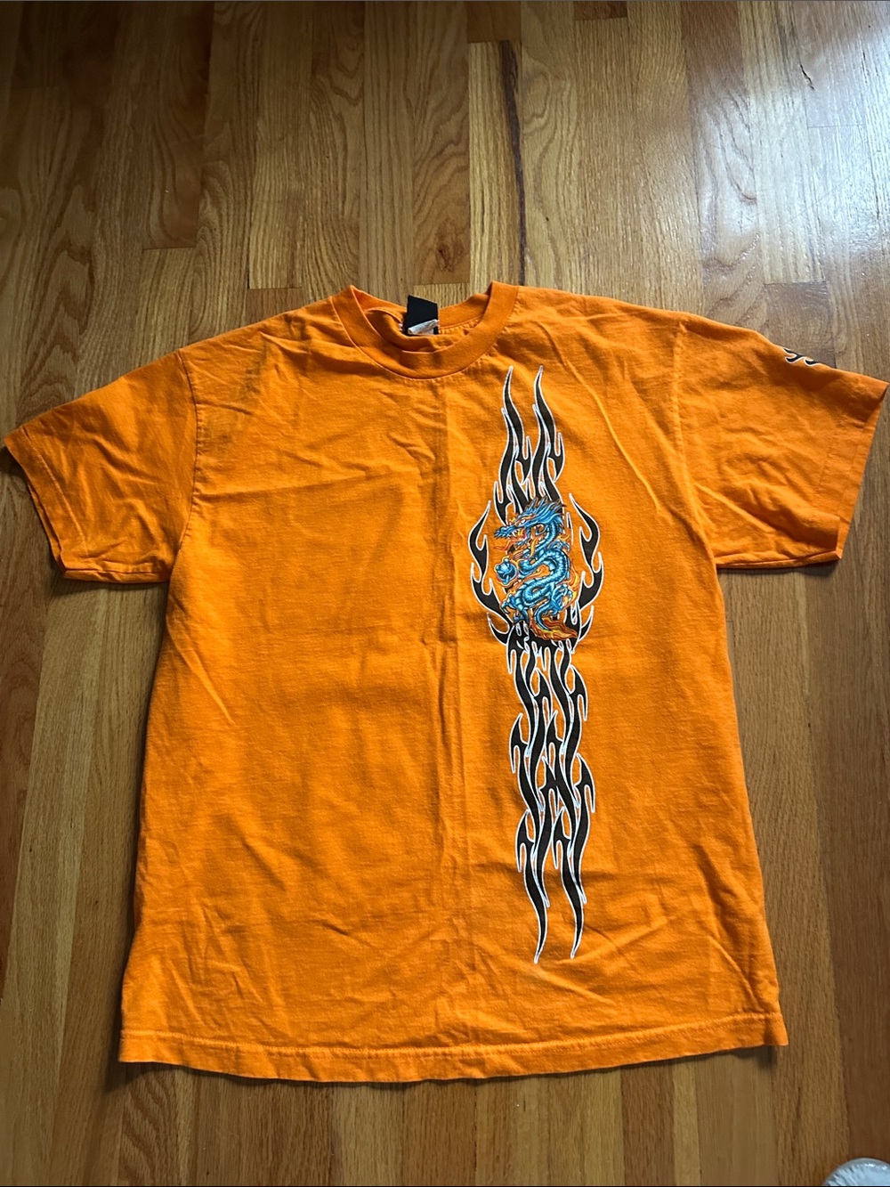Men's Orange Short-Sleeve Tee with Dragon Flame Graphic